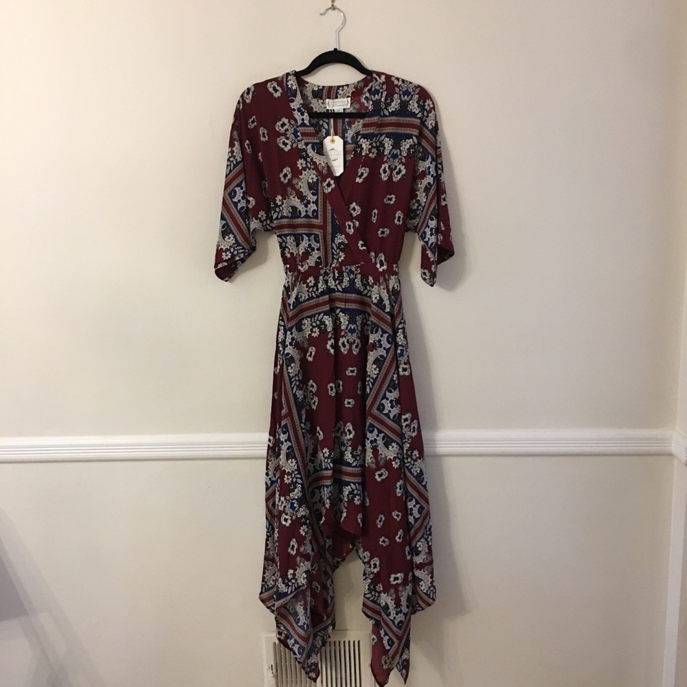 1 Left! Wine Floral Print Handkerchief Midi Dress - Picture 5 of 8